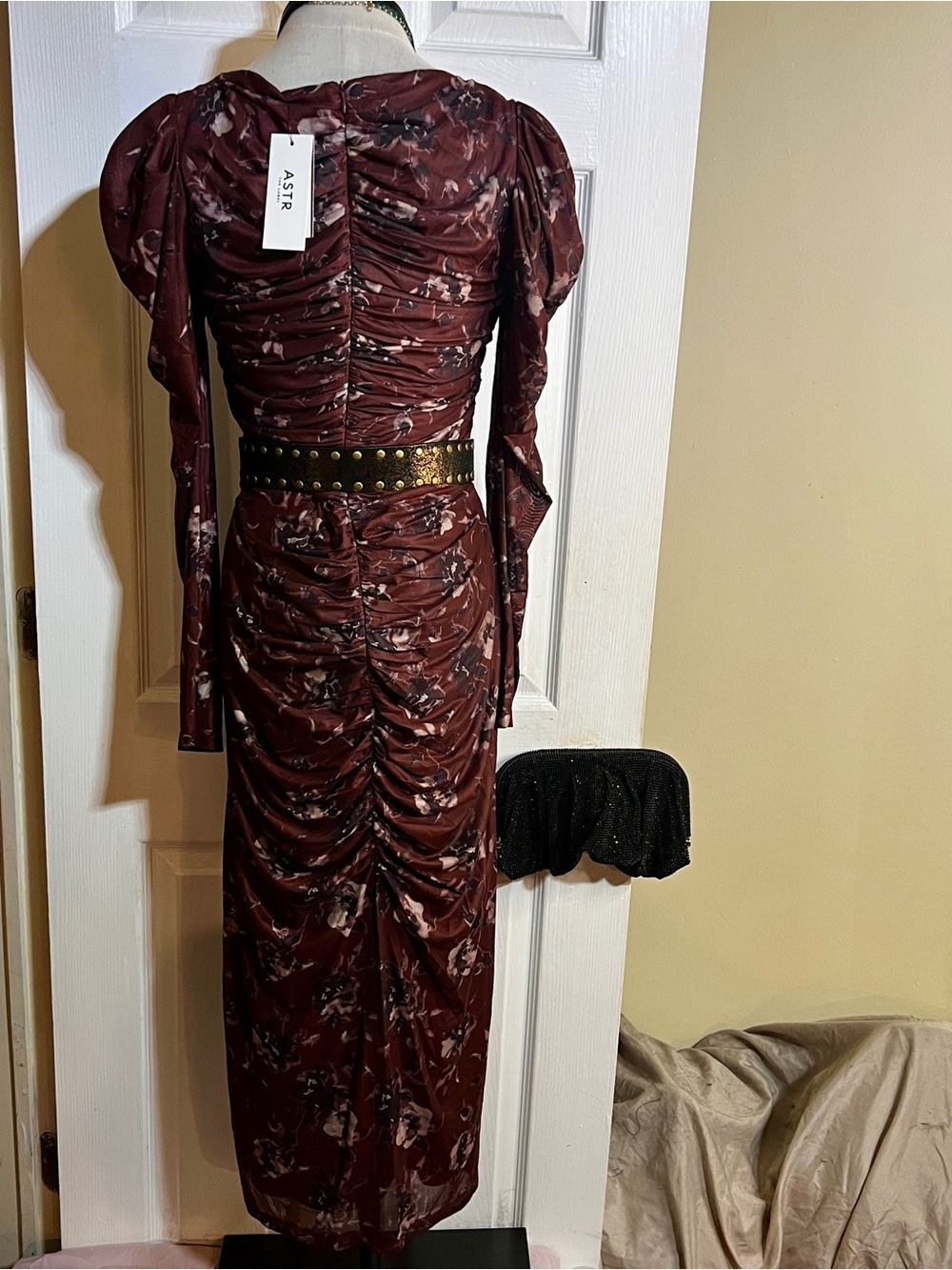 New ASTR The Label Burgundy Floral Sheer Mesh Ruched Fairy Grunge Midi Dress M - Picture 6 of 12